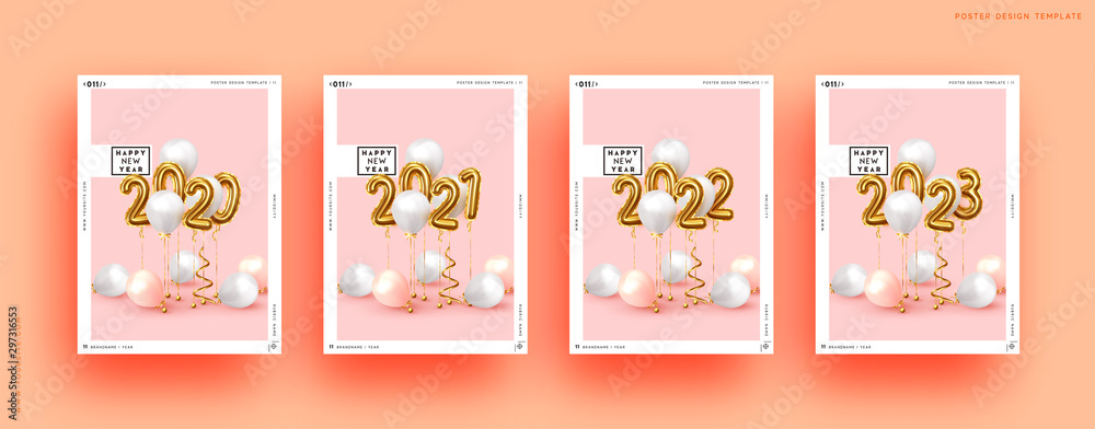 Happy New Year 2020. Golden number 2020 to 2023. Background realistic gold balloons. Object render 3d ballon with ribbon. Celebrate party Poster, banner, Set cover card, brochure, flyer, layout design Happy New Year 2020. Golden number 2020 to 2023. Background realistic gold balloons. Object render 3d ballon with ribbon. Celebrate party Poster, banner, Set cover card, brochure, flyer, layout design