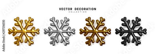 Set of vector 3d snowflakes, golden, silver, brown, black colors