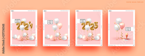 Happy New Year 2024. Golden number 2025. Background realistic gold balloons. Object render 3d ballon with ribbon. Celebrate party Poster, banner, Set cover card, brochure, flyer, layout design