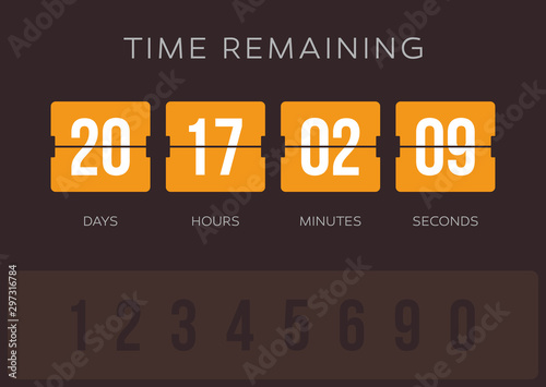Vector flip countdown clock counter timer - days, hours, minutes and seconds. Dark background.