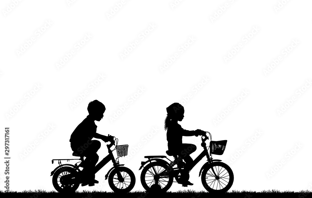 silhouette happy child  ride bike on white background