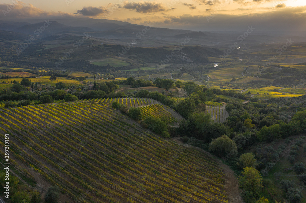 Unearthly view from the drone to the Tuscan vineyards.