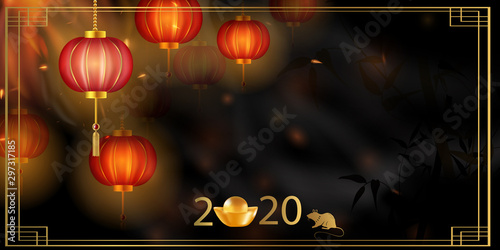 2020 Chinese New Year Rat zodiac sign. Red and gold festive background with rat. 