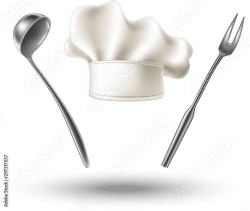 3d realistic vector set of chef hat, meat fork and metal scoop for soup.