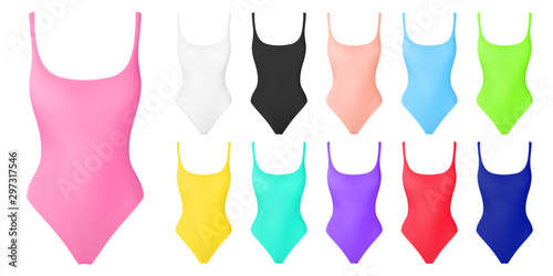 Swimming suit realistic vector. One piece swimsuits collection. Trendy modern colors. Summer fashion. Mock up. Swimwear design.
