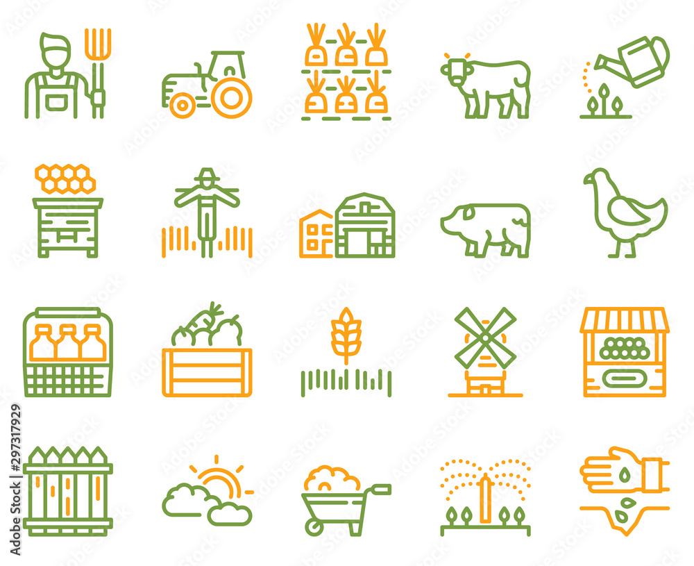 Fototapeta premium Farming color linear icons set