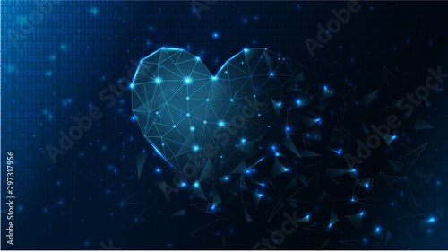 Abstract background. Heart formed of lines and triangles crashing into pieces,  tech vector illustration. Valentine's day.