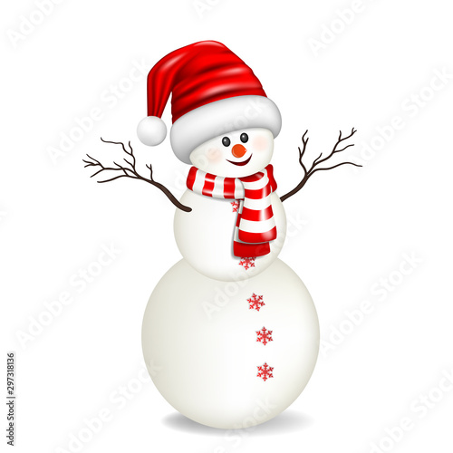Snowman with santa hat, isolated on white background.
