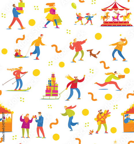 Winter seamless pattern with people for Christmas in bright colors