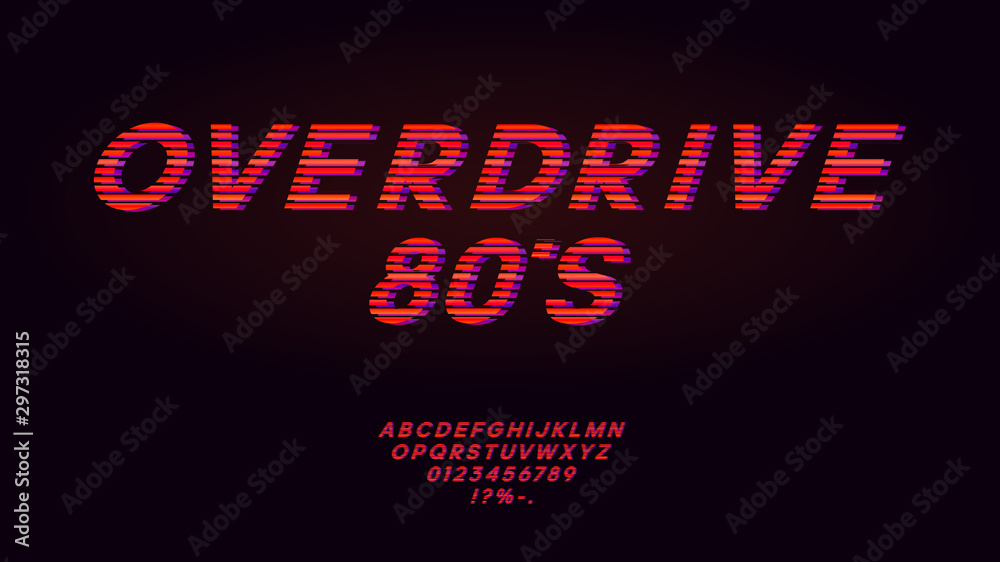 Retrowave synthwave red font design in the style of 1980s. Striped english letters, numbers and symbols. Typography design for headlines, labels, posters, cover. Eps 10.