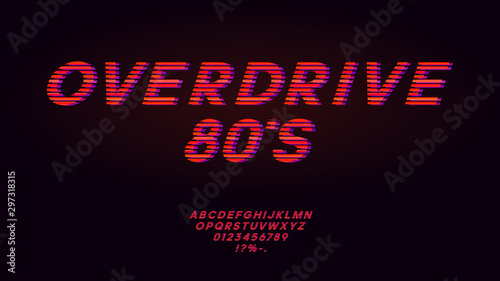 Obraz na płótnie Retrowave synthwave red font design in the style of 1980s. Striped english letters, numbers and symbols. Typography design for headlines, labels, posters, cover. Eps 10. w salonie
