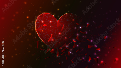 Abstract background. Heart formed of lines and triangles crashing into pieces,  tech vector illustration. Valentine's day.