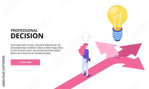 Choice process. Direction choose options, solution, decision. Woman thinking. Web banner. Isometric vector illustration.