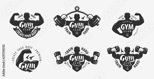 Gym set of logos and labels. Sport, fitness concept. Vector illustration