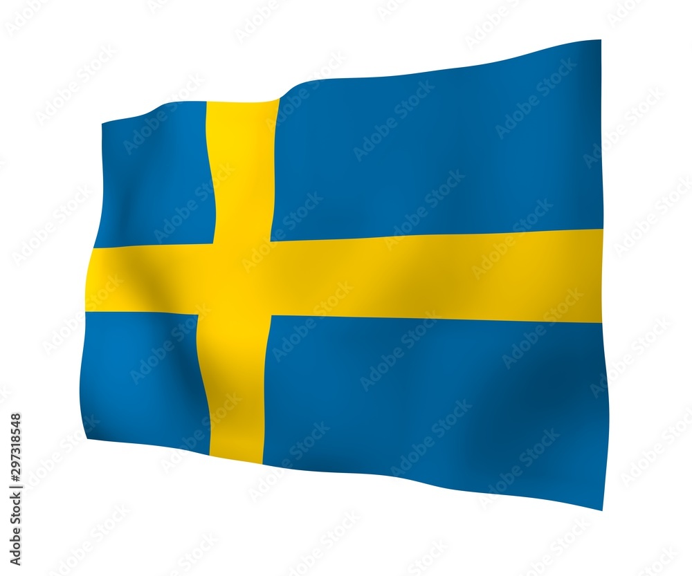 The flag of Sweden. Official state symbol of the Kingdom of Sweden. A blue field with a yellow Scandinavian cross that extends to the edges of the flag. 3d illustration