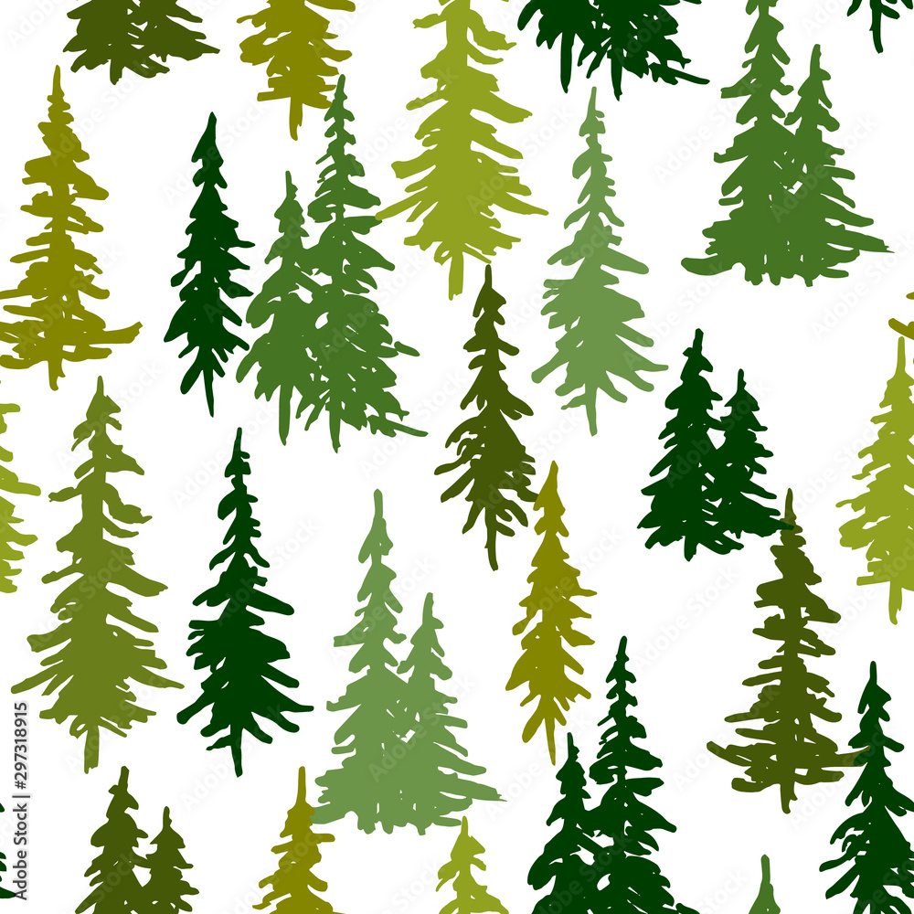 Christmas and New Year vector seamless pattern with green pine trees