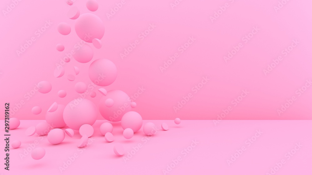 3d bubbles background. Balls. Spheres. Abstract wallpaper. Geometric objects. Trendy modern illustration. 3d rendering. Falling shapes. Minimal style. Pastel pink.