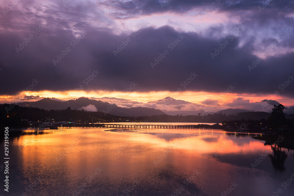 wooden bridge with twilight sky, Sangkhlaburi