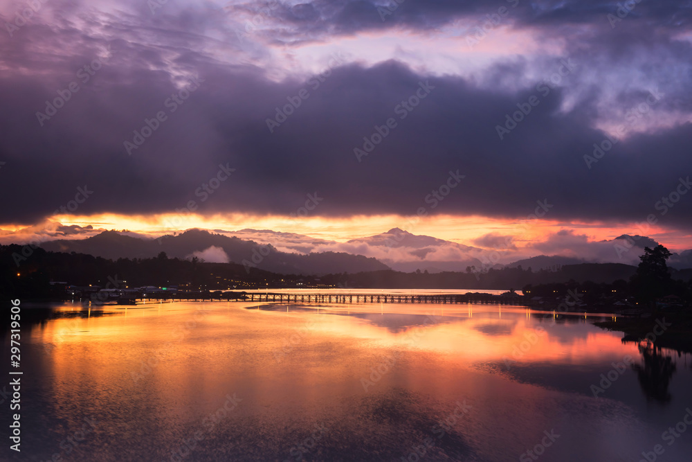 wooden bridge with twilight sky, Sangkhlaburi wooden bridge with twilight sky, Sangkhlaburi