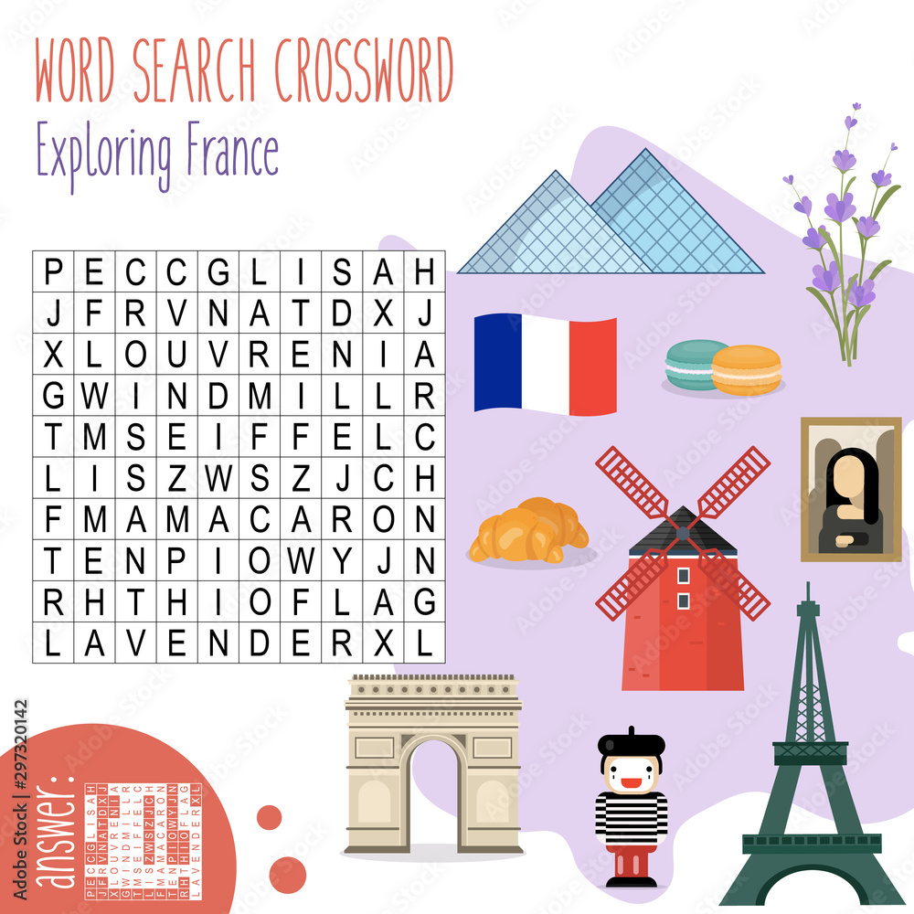 Easy word search crossword puzzle 'Exploring France', for children in  elementary and middle school. Fun way to practice language comprehension  and expand vocabulary. Includes answers. Stock Vector | Adobe Stock