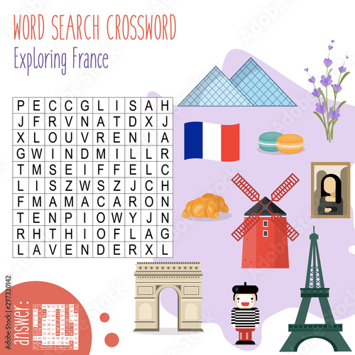 Easy word search crossword puzzle 'Exploring France', for children in elementary and middle school. Fun way to practice language comprehension and expand vocabulary. Includes answers. 