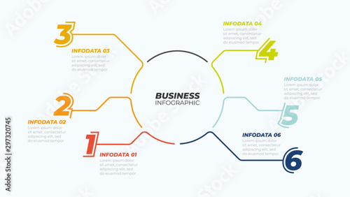 Business infographic chart design with thin lines and 6 options, steps. Vector illustration. Can be used for info chart, workflow diagram, graph, web, presentations.
