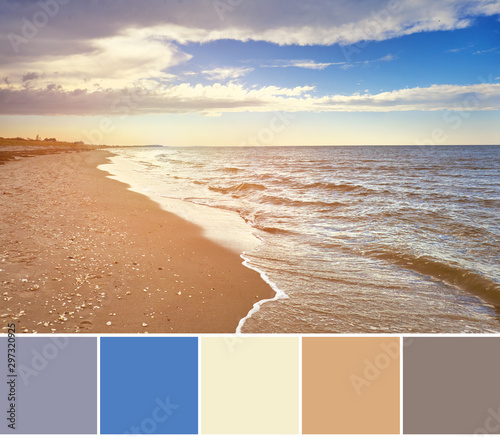 Fototapeta Naklejka Na Ścianę i Meble -  Color matching natural palette from toned image of deserted beach on island Hiddensee in Northern Germany on sunset