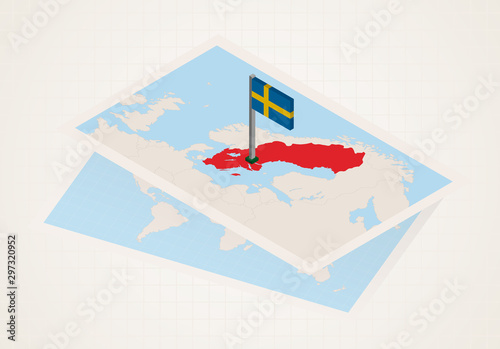 Sweden selected on map with isometric flag of Sweden. photo