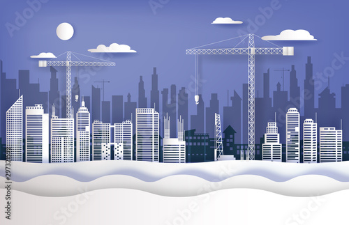 under construction site and crane in the city, paper cut style