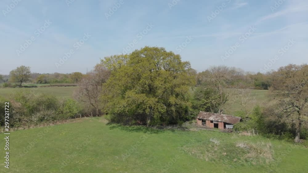 Old Derelict Corrugated Asbestos Roof Shed In Trees Edge Of Field Aerial 4K Cine D
