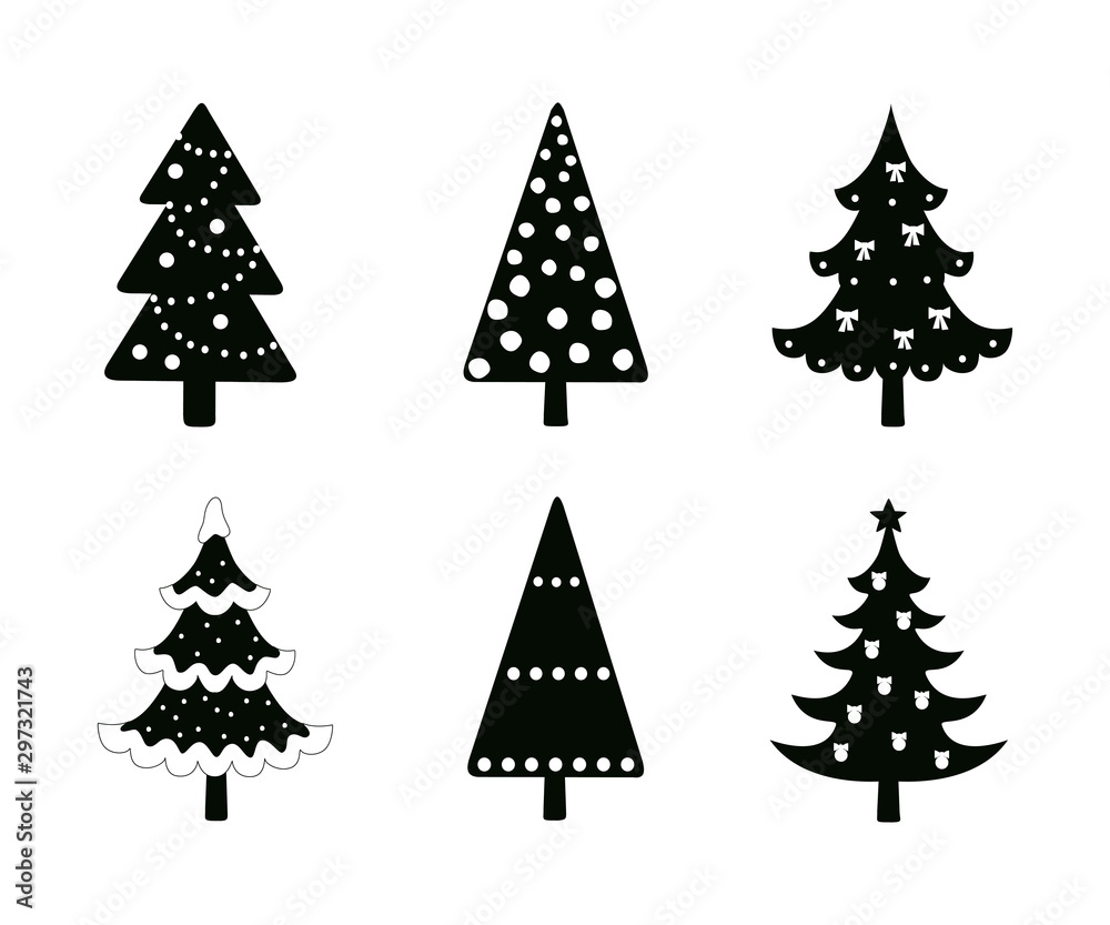 Obraz premium Christmas trees. Set of Christmas trees silhouettes. Cartoon flat style. Vector illustration