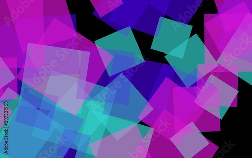 Multicolored translucent squares on dark background. Pink tones. 3D illustration