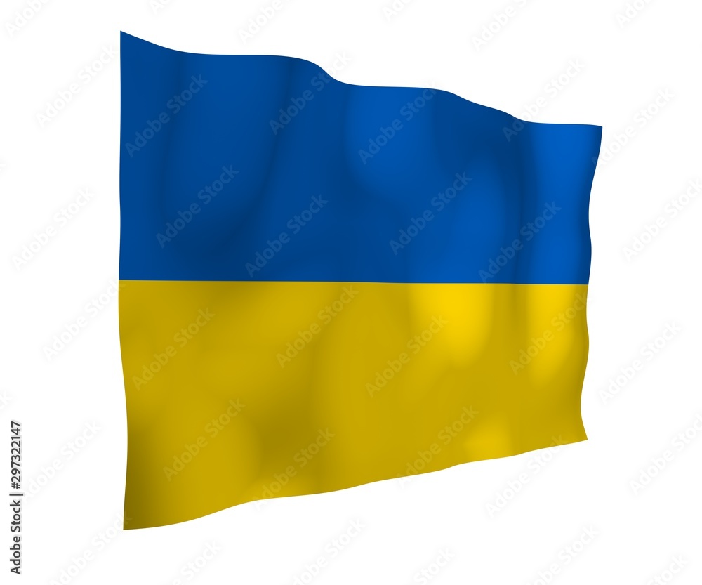 The flag of Ukraine on a white background. National flag and state ensign. Blue and yellow bicolour. 3D illustration waving flag The flag of Ukraine on a white background. National flag and state ensign. Blue and yellow bicolour. 3D illustration waving flag