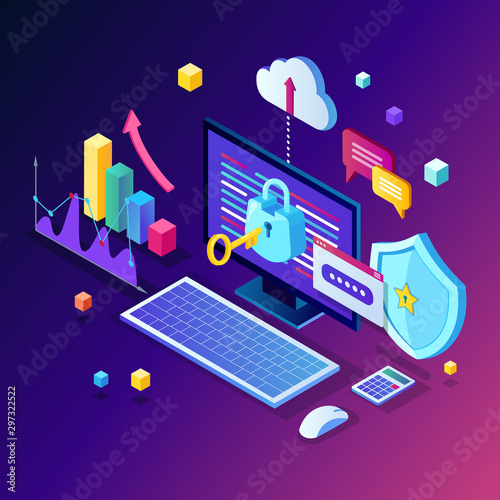 Data protection. Internet security, privacy access with password. 3d isometric computer pc with key, lock, shield. Vector design for banner