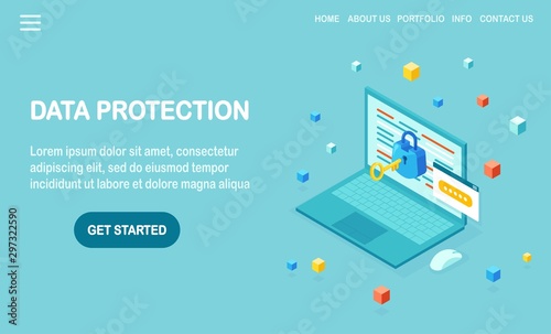Data protection. Internet security, privacy access with password. 3d isometric computer pc, laptop with key, lock. Vector design for banner