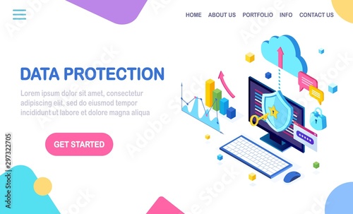 Data protection. Internet security, privacy access with password. 3d isometric computer pc with key, lock. Vector design for banner