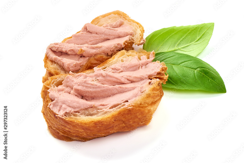 Freshly baked croissants with chicken liver pate, isolated on white background Freshly baked croissants with chicken liver pate, isolated on white background