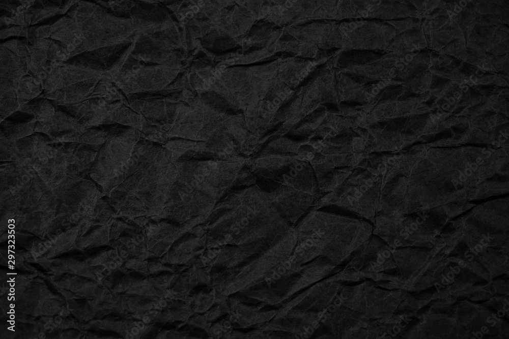 Black crumpled packaging paper background texture. Dark Kraft Paper Coarse. Wrinkled paper bag - obrazy, fototapety, plakaty 