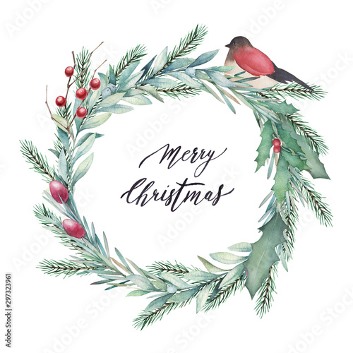 Christmas isolated wreath with fir, mistletoe, rosemary and holly branches on...