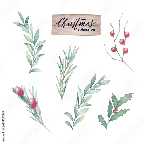 Watercolor set with mistletoe, rosemary, holly and olive branches on white ba...