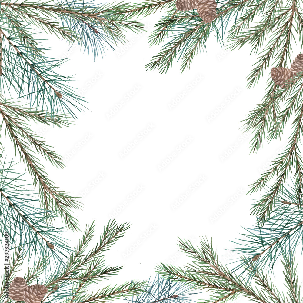 Christmas tree frame with spruce branches on white background. Watercolor winter border. Hand drawn illustration
