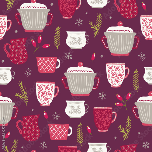 Christmas seamless pattern with cups, fir branches, berries, snowflake, barberry