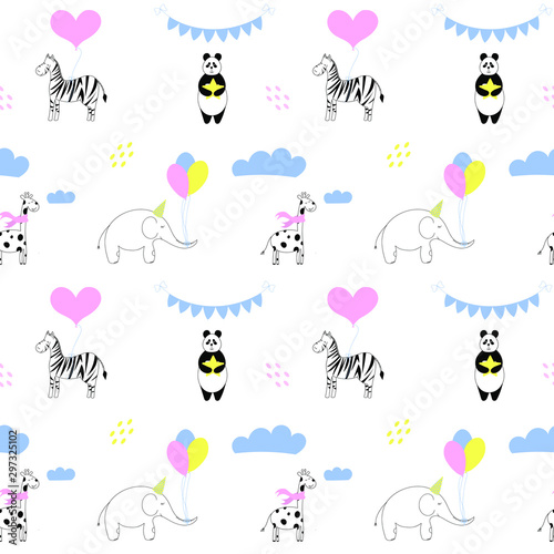 Seamless isolated pattern of wild animals. Giraffe, elephant, panda, zebra.
