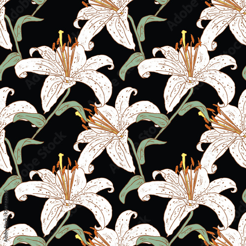 Seamless pattern of white garden lilies