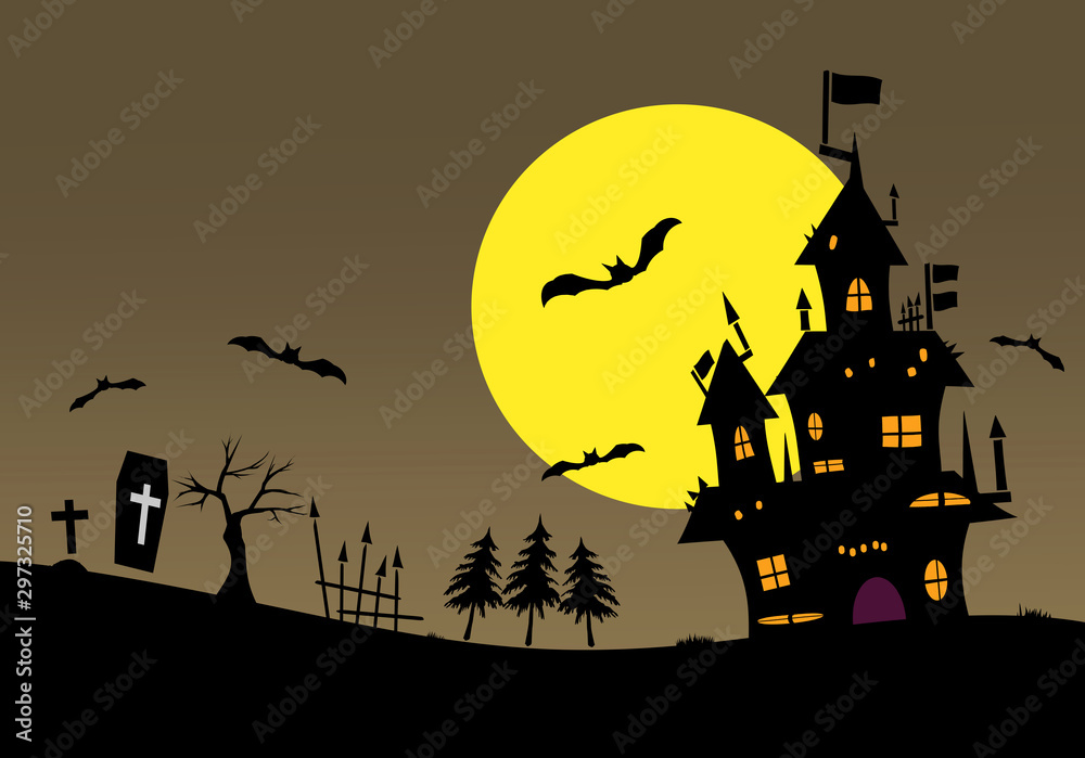 Halloween background material. Castle, bats and grave.  ハロウィンの背景素材