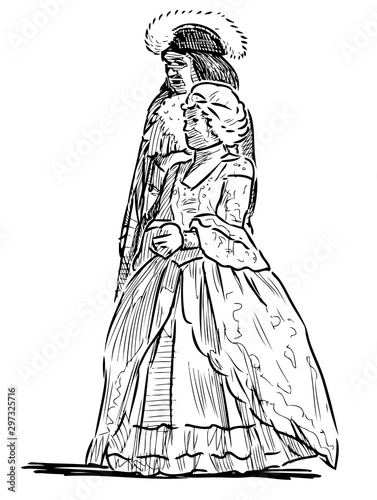 Sketch of people couple in historical costumes of 18th century