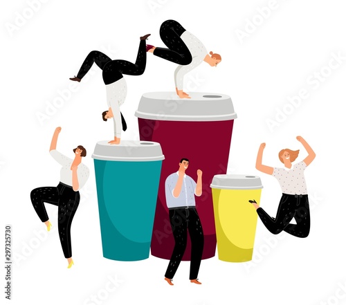 Coffee energy. Active bussinesspeople and take away coffee cup. Happy energetic people vector characters