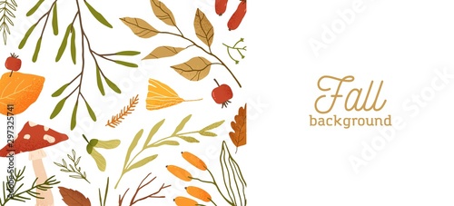 Fall season flat vector background. Autumn botanical colorful banner template with place for text. Dried leaves, twigs and mushroom decorative backdrop. Natural forest leafage illustration.