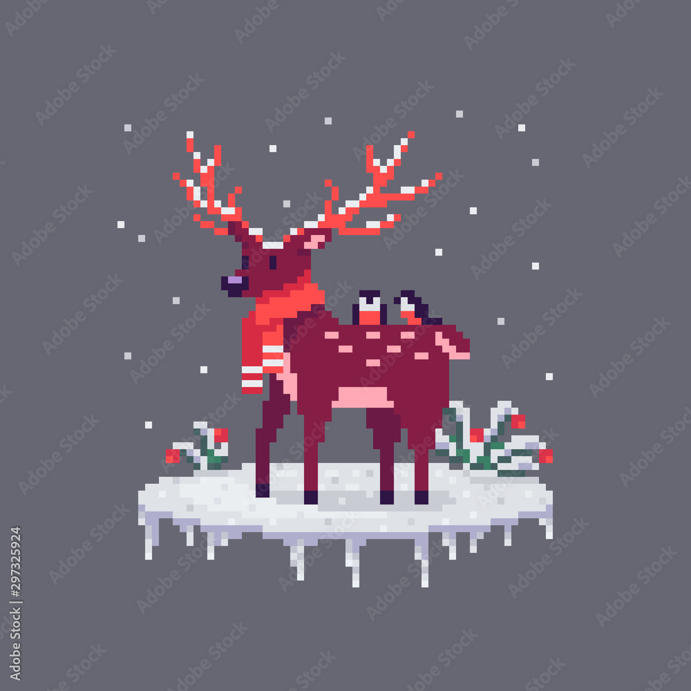 Pixel art Christmas deer and bullfinches on him.