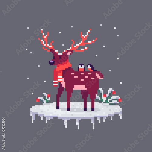Pixel art Christmas deer and bullfinches on him.